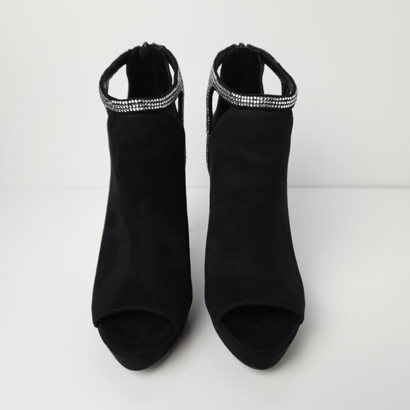 Aldo Tilasa Black Suede Peep Toe Ankle Boot Heels Silver Rhinestones - 7.5 - Picture 3 of 10